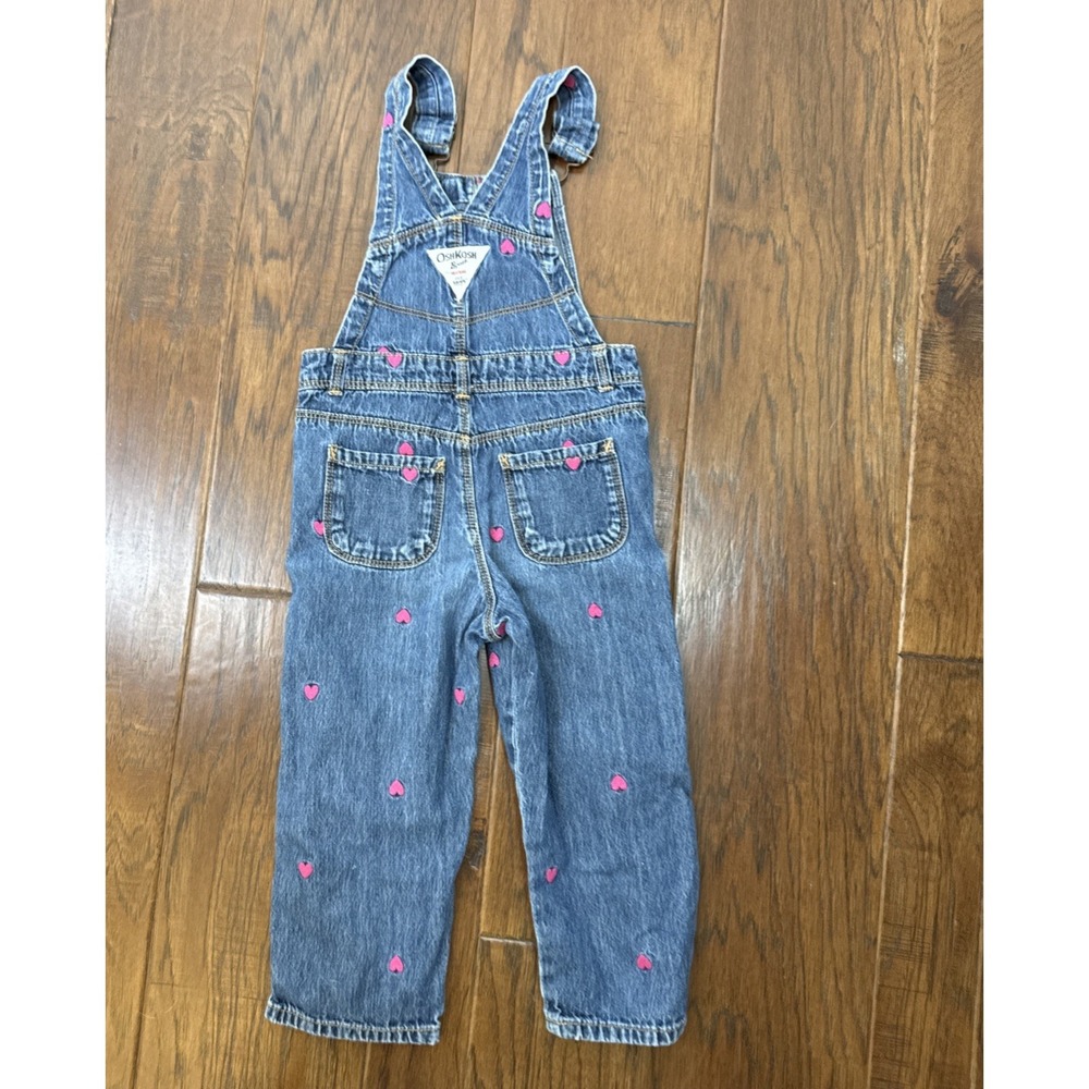 OshKosh B'gosh Vestbak Denim Jean Overalls Toddler Girls 2T Pink Hearts Western - Picture 8 of 8